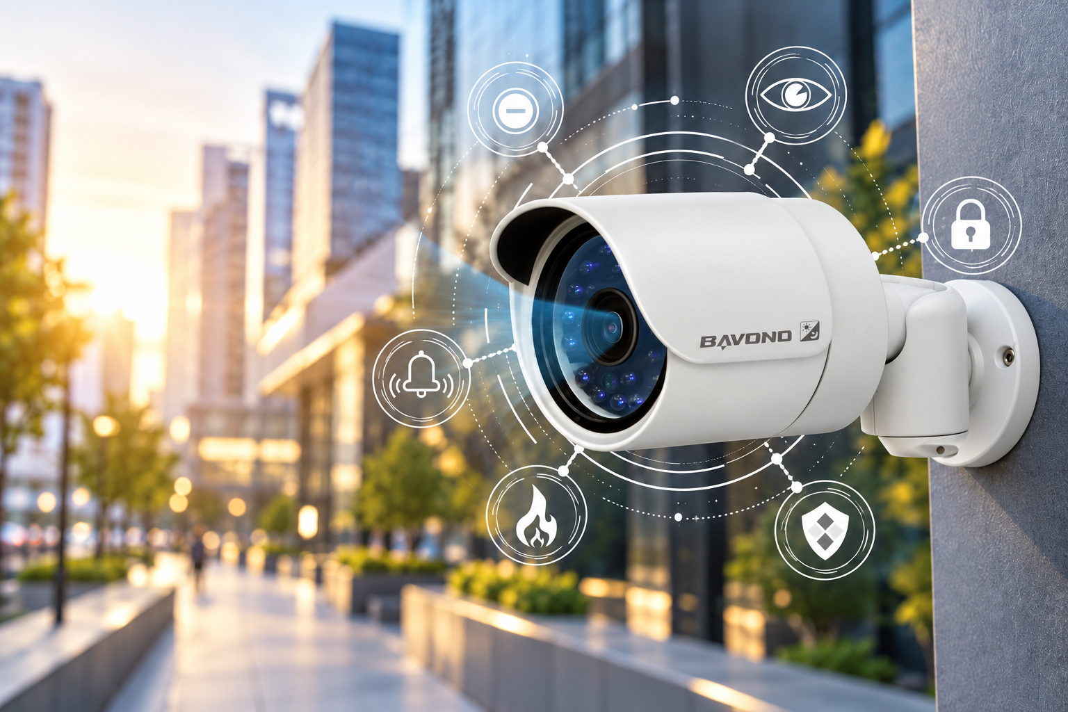 Professional CCTV cameras displayed against a city skyline