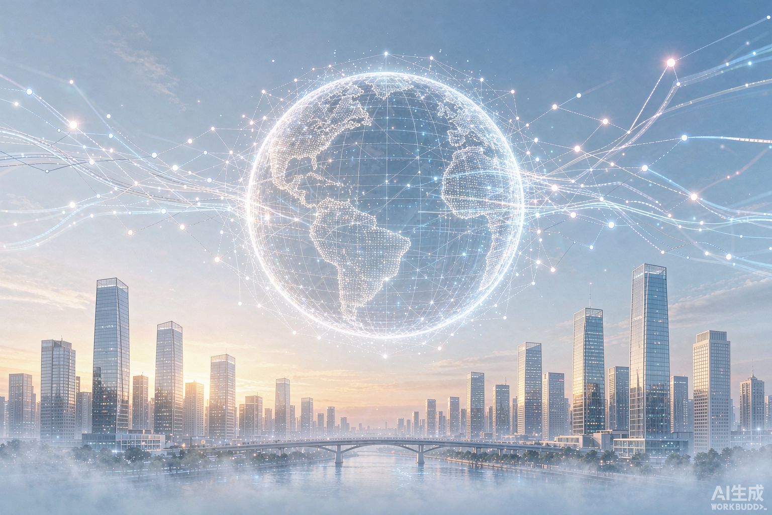 Digital globe network above a modern city skyline at sunrise