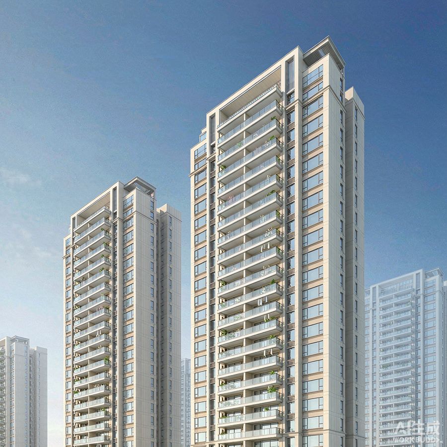 Modern residential high-rise towers against blue sky