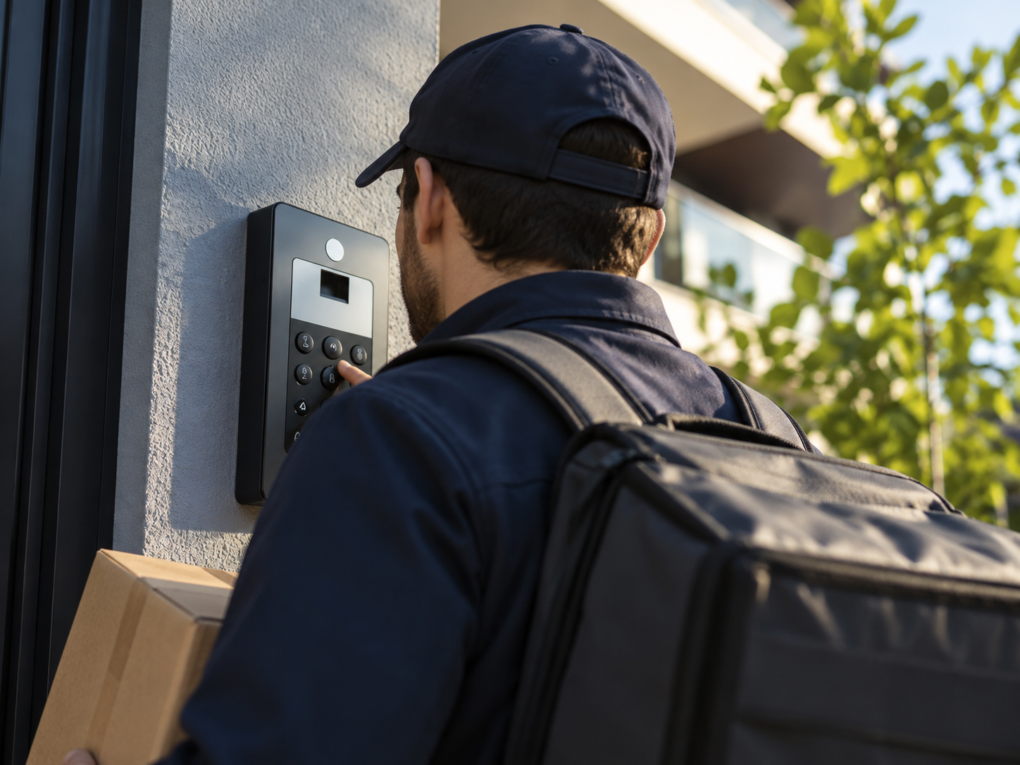 Video doorbell intercom panel beside an apartment door